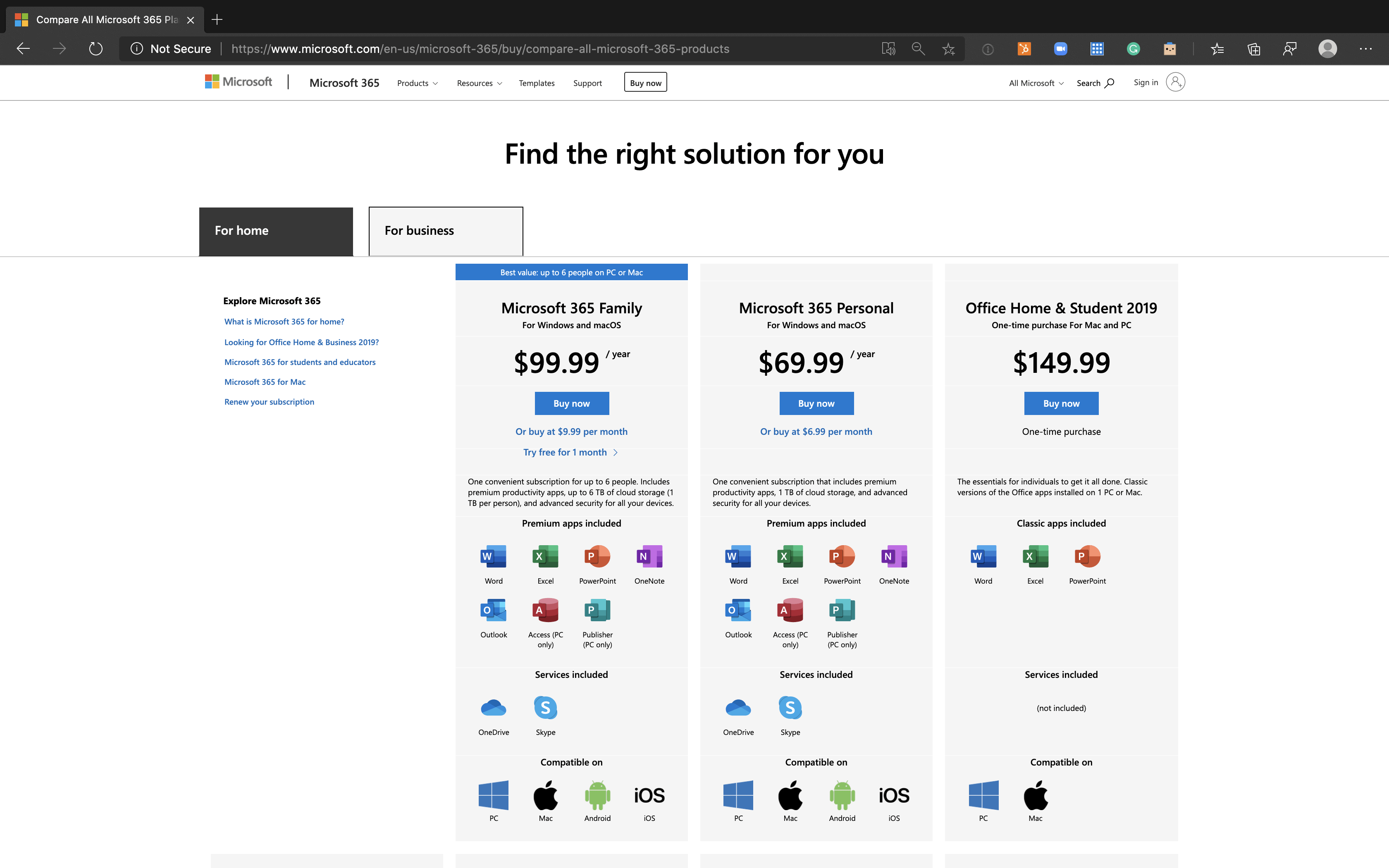 Microsoft 365 Product Comparison