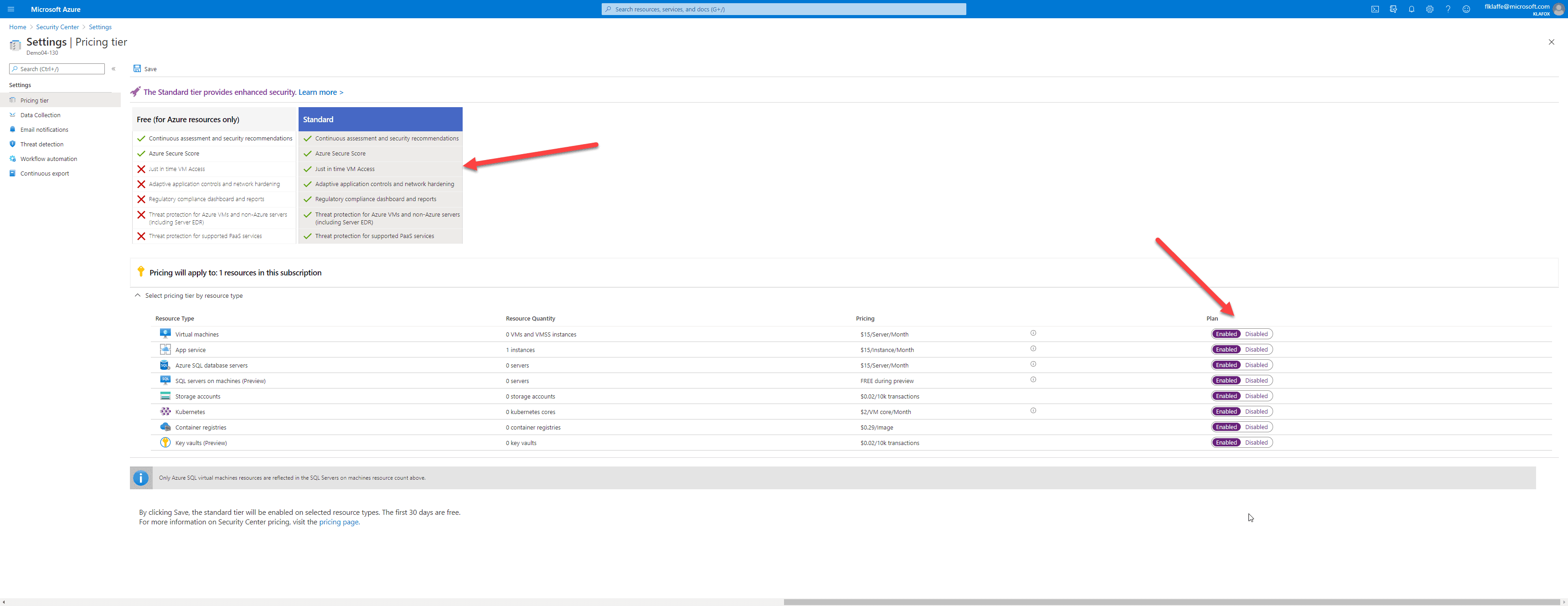 Azure Security Center Pricing Tier