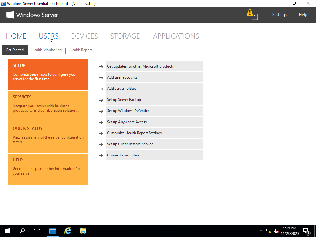 Windows Server 2016 Essentials Dashboard