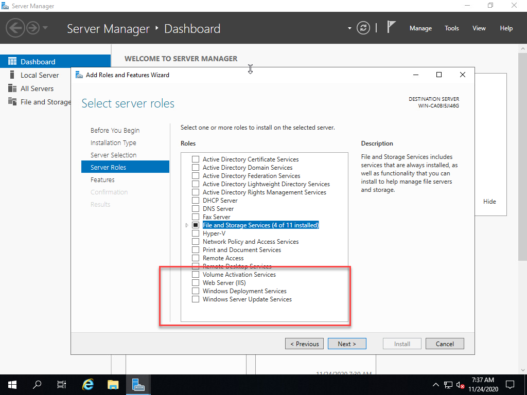 Windows Server 2019 Essentials server after installation