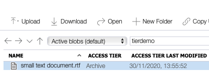 Access Tier Status GUI Azure Archive Storage