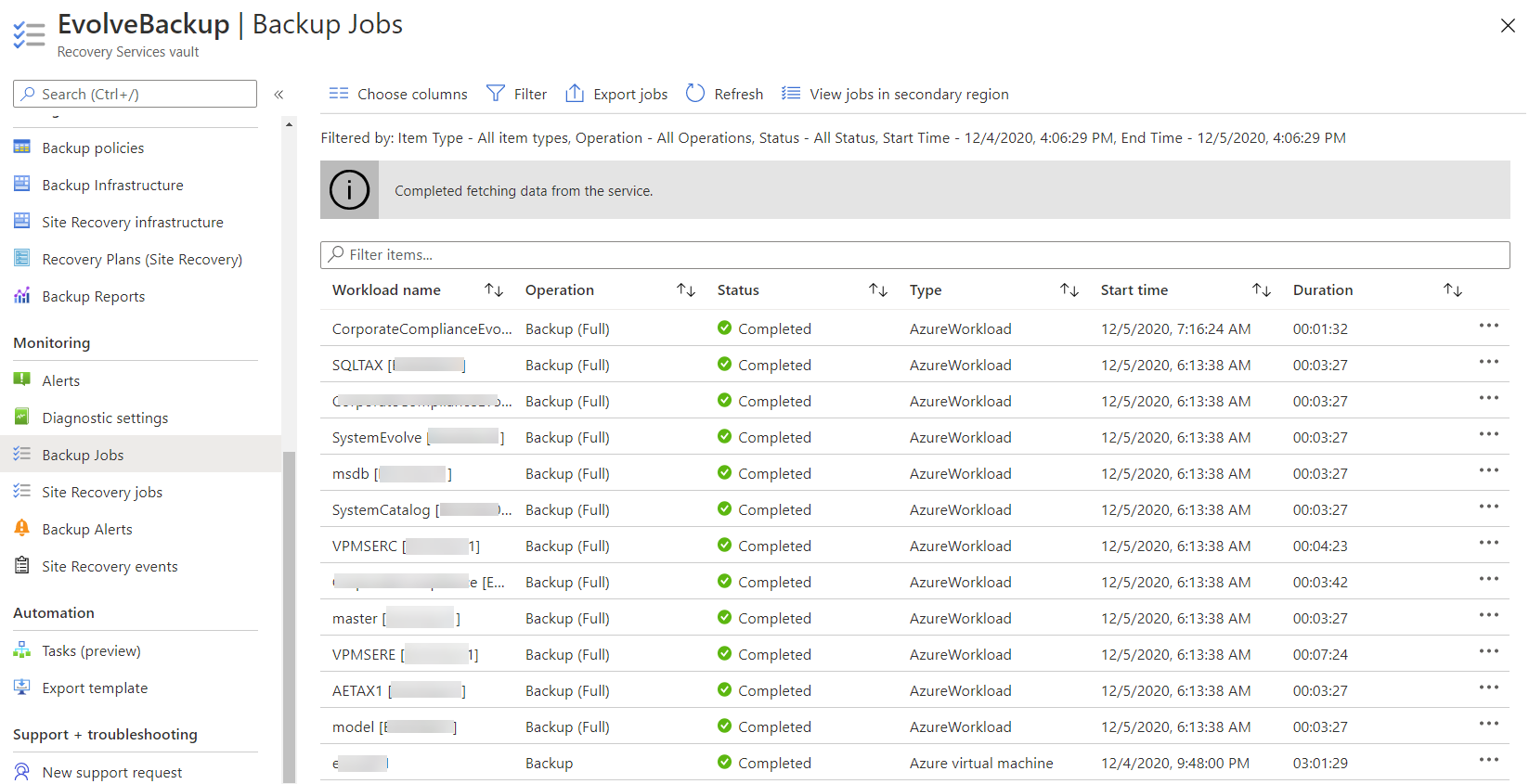 Backup jobs reporting in Azure Backup