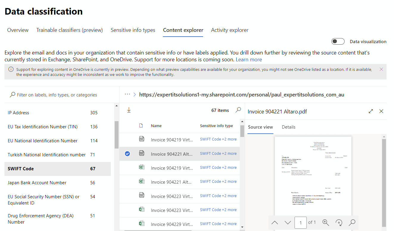 Content Explorer in Data Classification M365