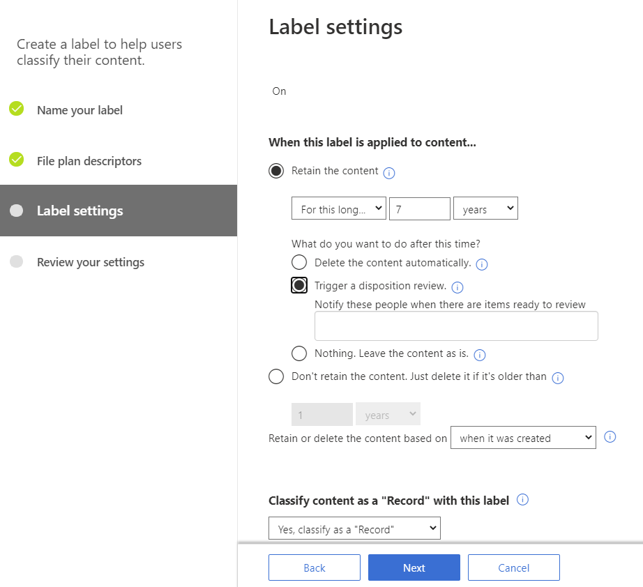 Creating a retention label with a disposition review M365