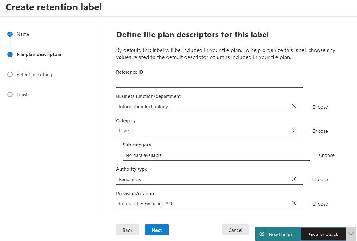 Defining file plan descriptors for a label M365