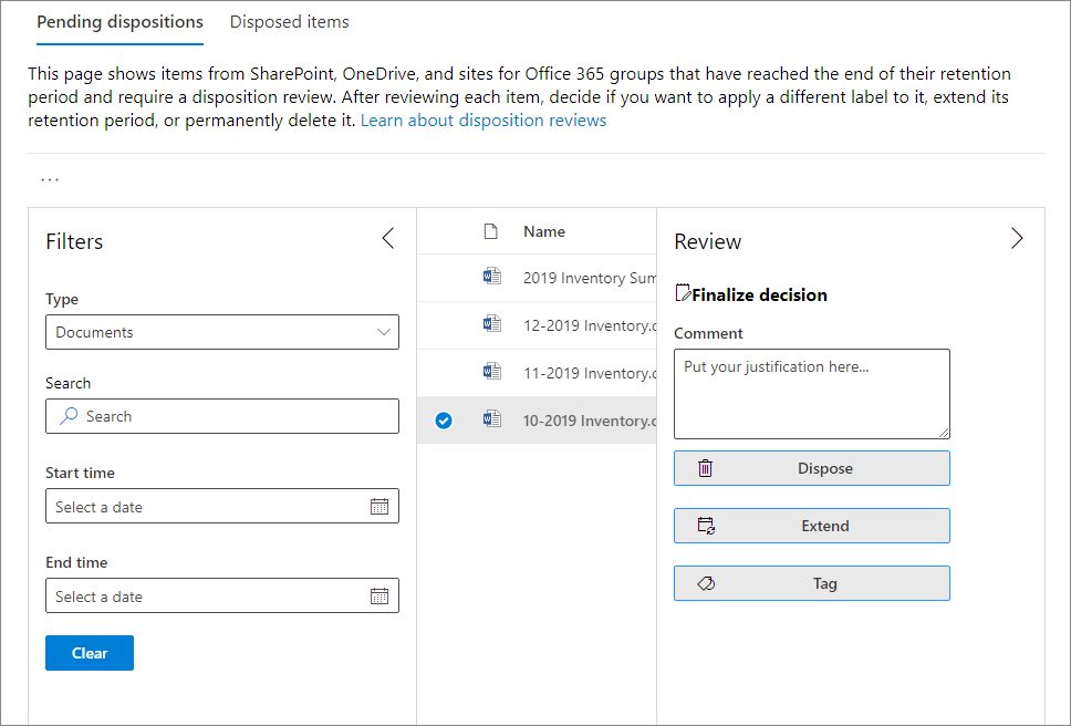 Disposition options M365