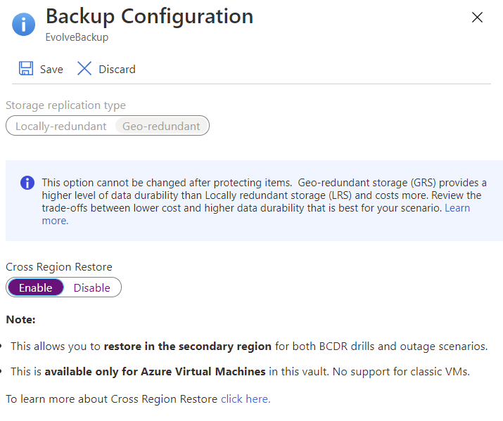 Enable Cross Region Restore for a vault