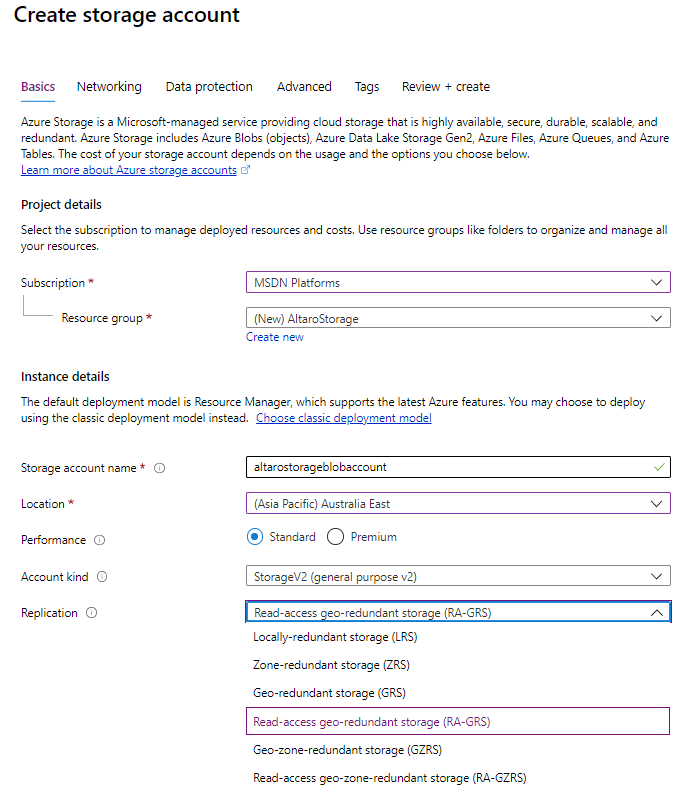 Creating Storage Account Replication options