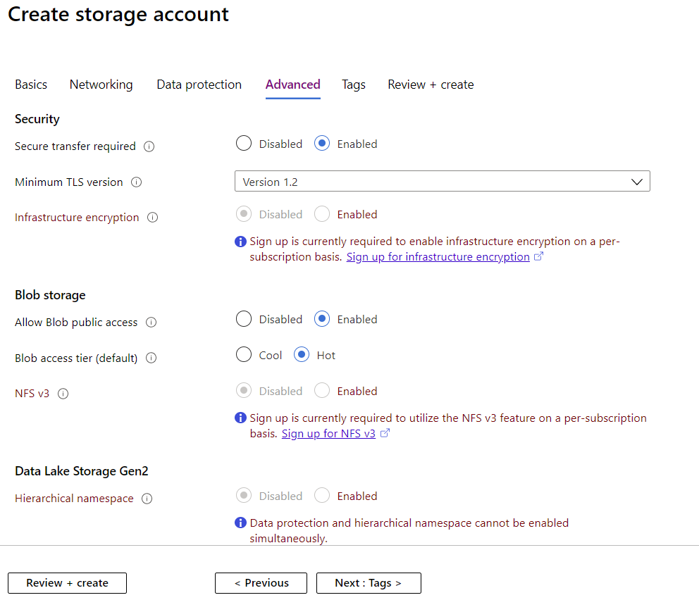 Creating a Storage Account Advanced Settings