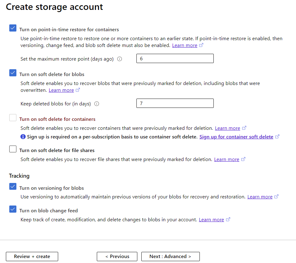 Creating a Storage Account Data Protection Options