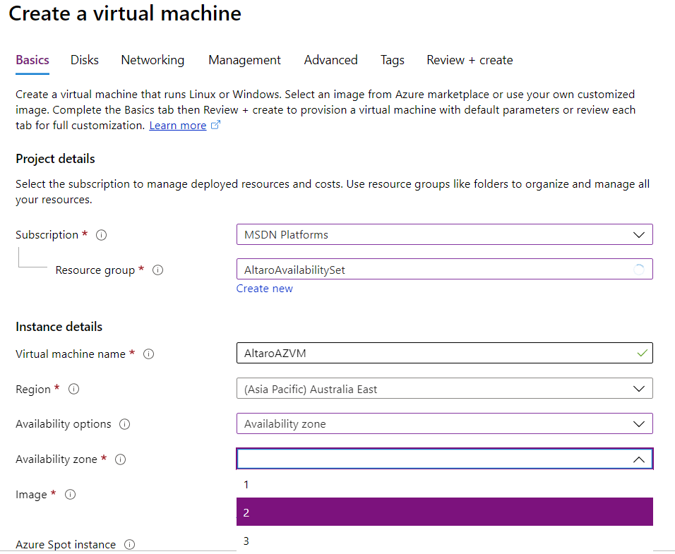 Creating a VM in Australia East and picking zone 2 to house it