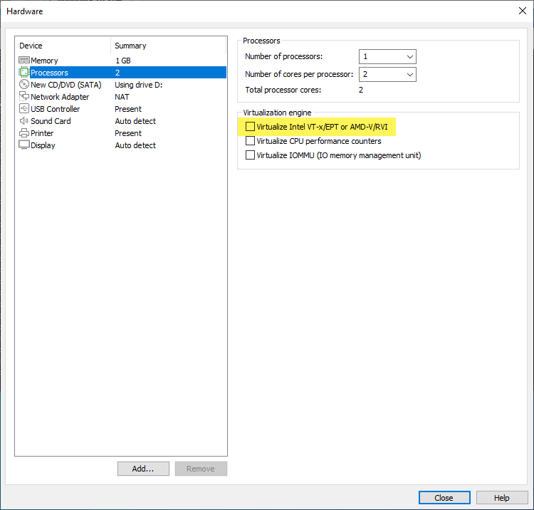 Configuring hardware virtualization in VMware Workstation for nested virtualization