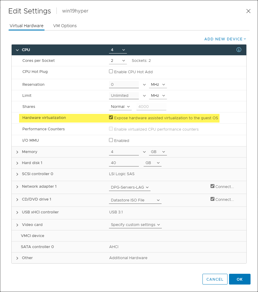 Configuring the hardware virtualization setting for nested virtualization