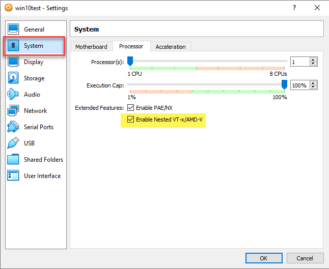 Enabling nested virtualization on a Windows 10 VM running in VirtualBox