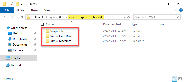 Navigating to the exported VM folder and various subfolders