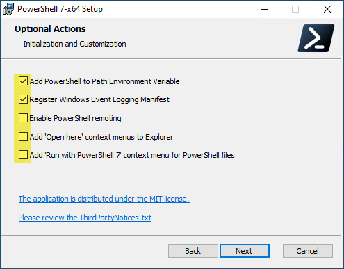 Optional Actions when installing PowerShell Core