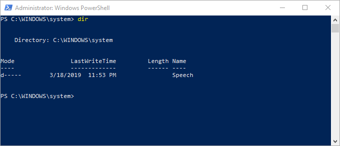 Running the dir command in PowerShell