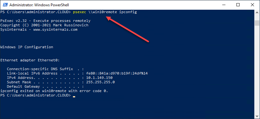 Running the ipconfig command on a remote computer using PsExec