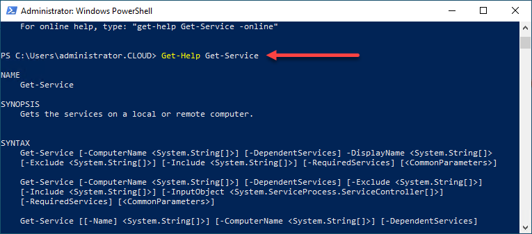 Using the Get-Help cmdlet to understand the Get-Service cmdlet