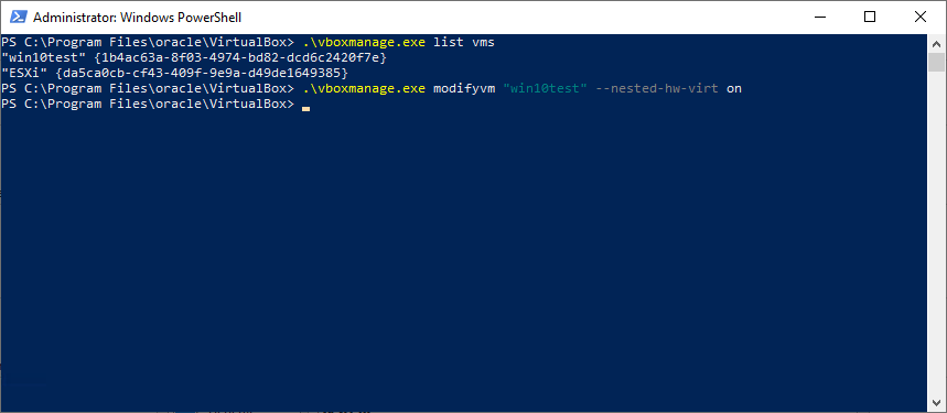 Using the VirtualBox command-line to enable nested virtualization