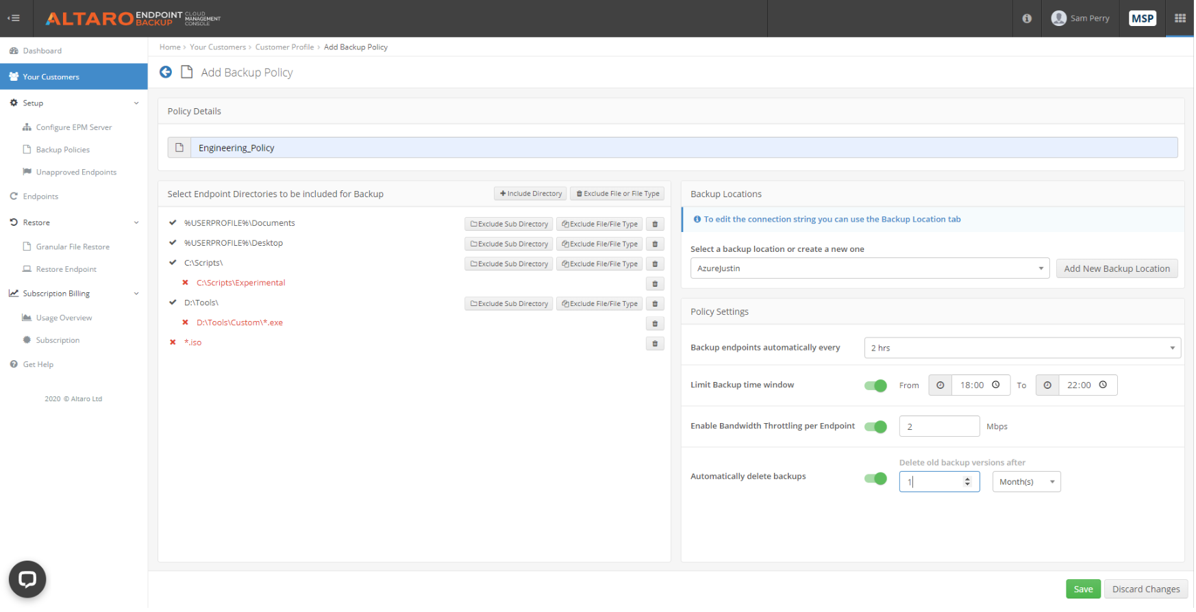 EndPoint Backup policy