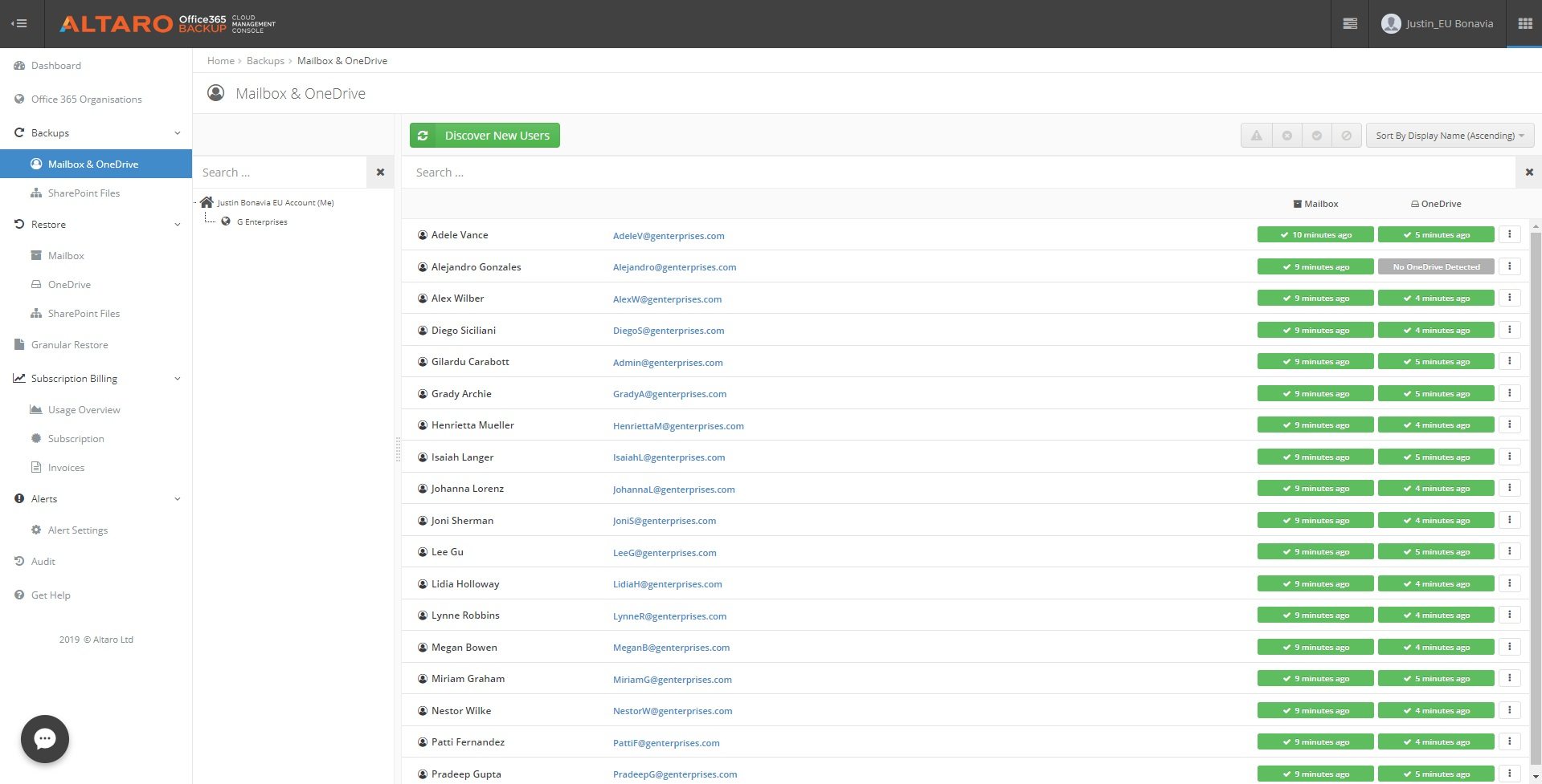 Sauvegardes de boîte aux lettres (tableau de bord Office 365 Backup)