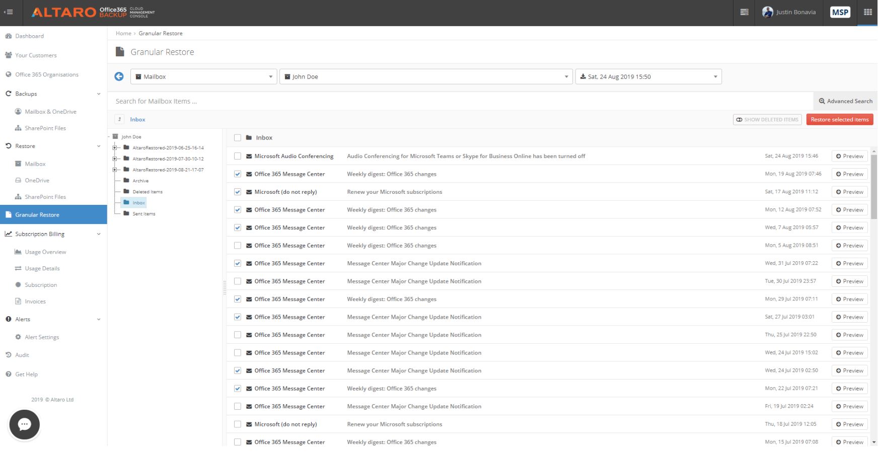 Altaro O365 Dashboard Msp Granular restore