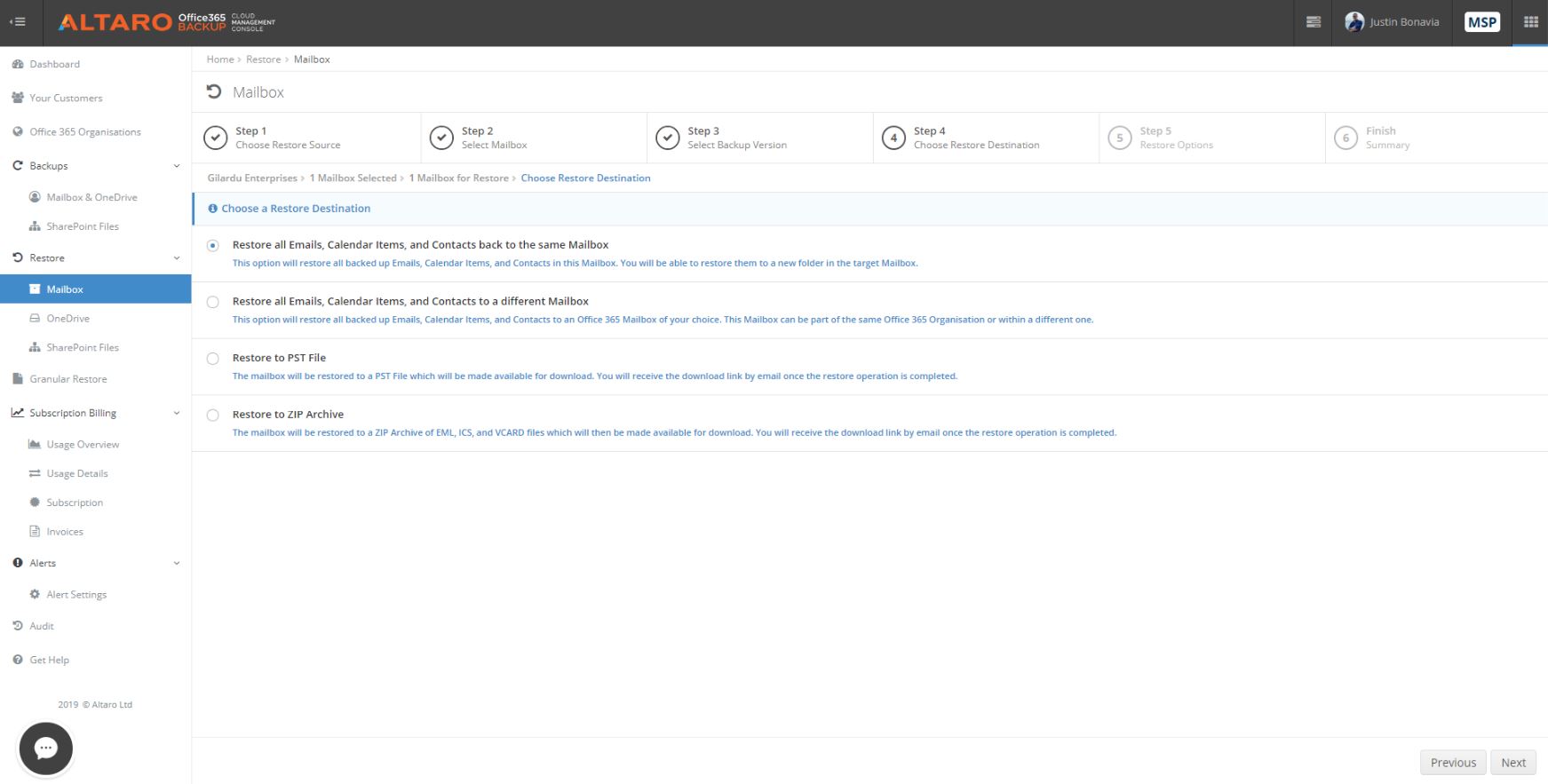 Altaro O365 Dashboard Msp Restore destination
