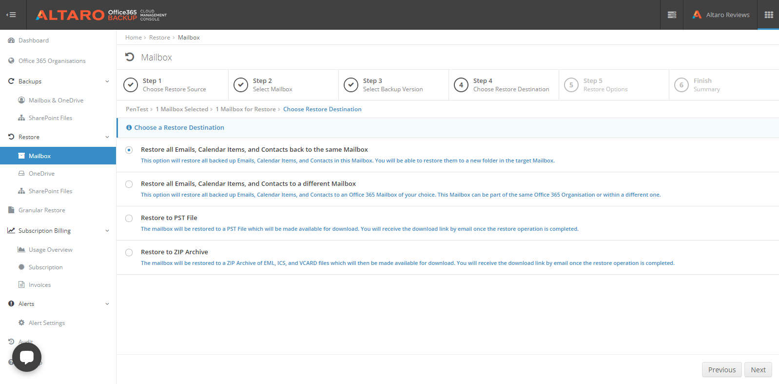 Altaro O365 Backup interface recovery options during a restore operation