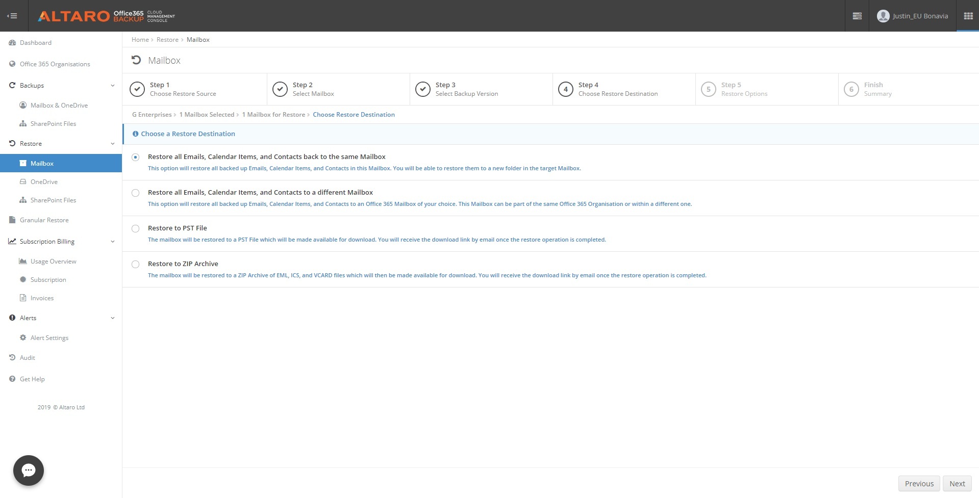 Office 365 Backup Dashboard Herstelopties