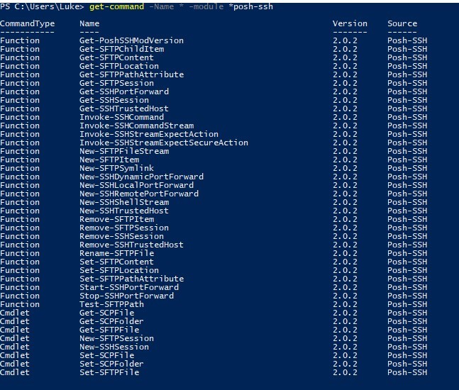 POSH-SSH cmdlets listed