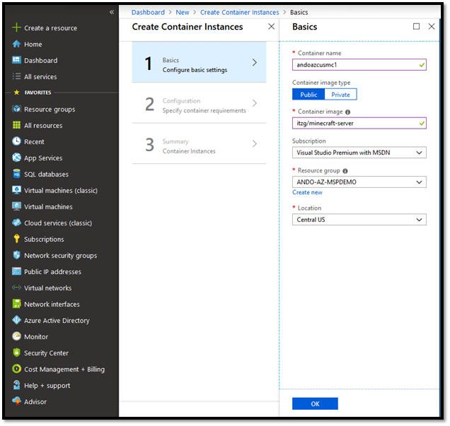 creating a container instance