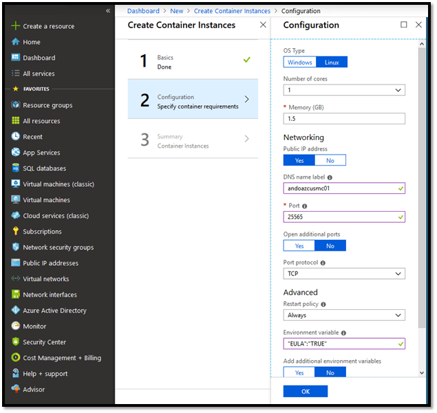 Azure container configuration