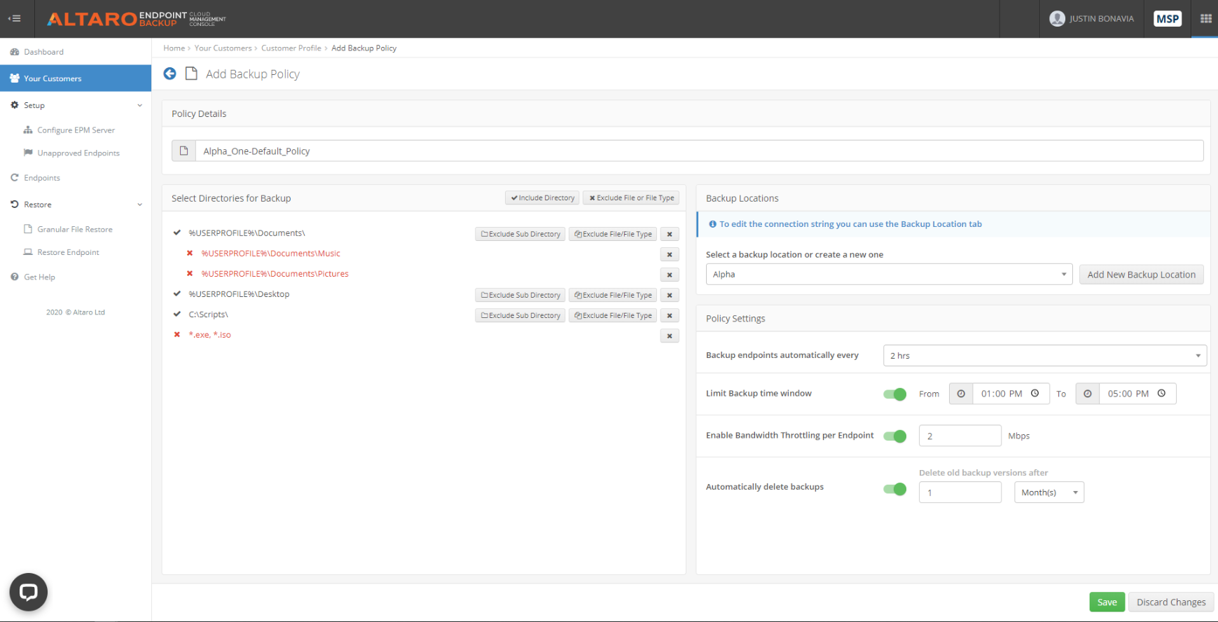 Altaro endpoint backup - backup policy