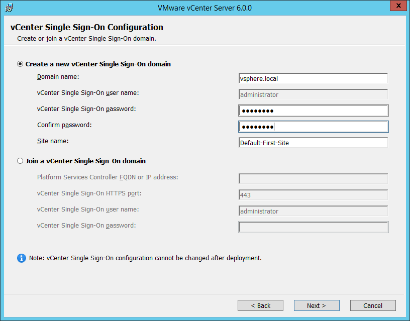 Setting the SSO domain name, site name and password for the administrator account.