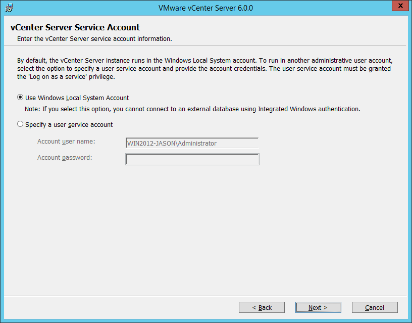 Setting the user context under which vCenter services are run in Windows