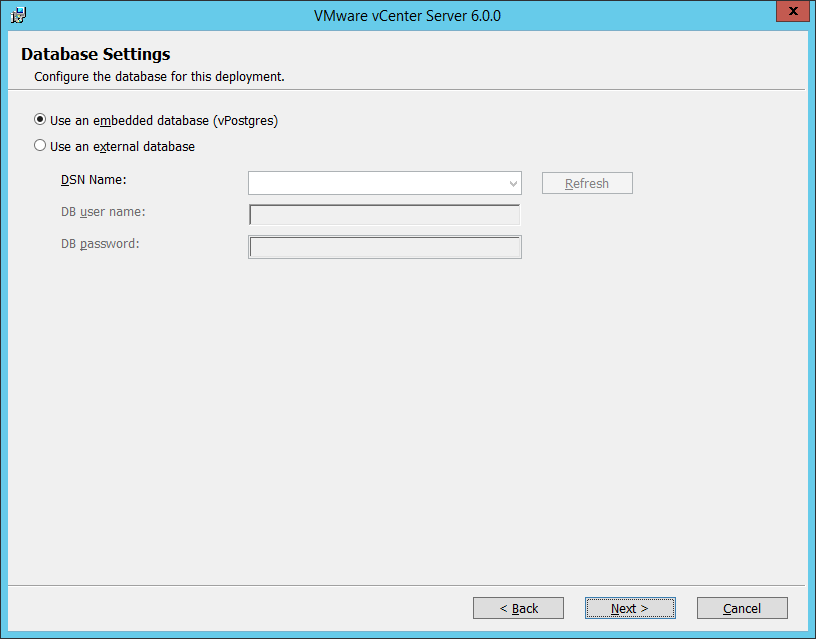 Selecting between an embedded and external database model