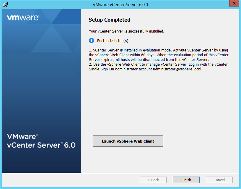 vCenter Server for Windows successfully installed