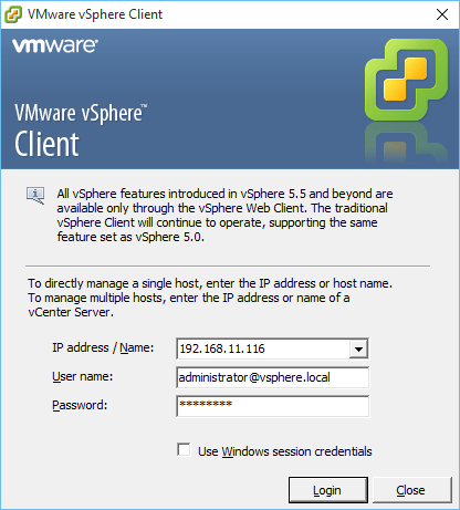Logging in vCenter Server for the first time using the vSphere thick client