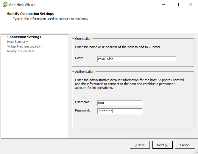 Supplying the details for the ESXi host being added to vCenter