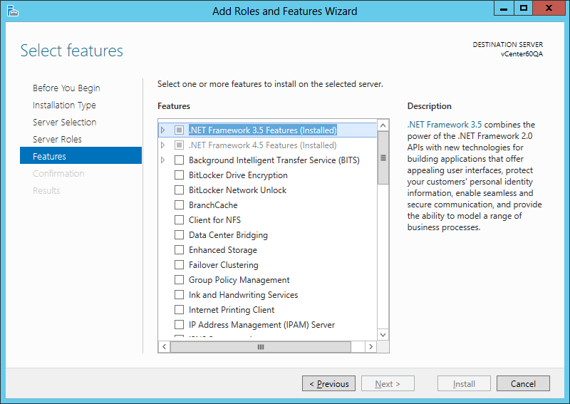 Figure 1 - Verifying that .NET 3.5 is installed