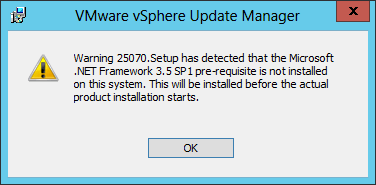 Figure 2 - VUM installed alerts of missing .NET 3.5 framework