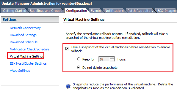 Figure 34 - Virtual machine snapshot settings