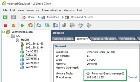 Figure 10 - vmtools status for guest managed agent