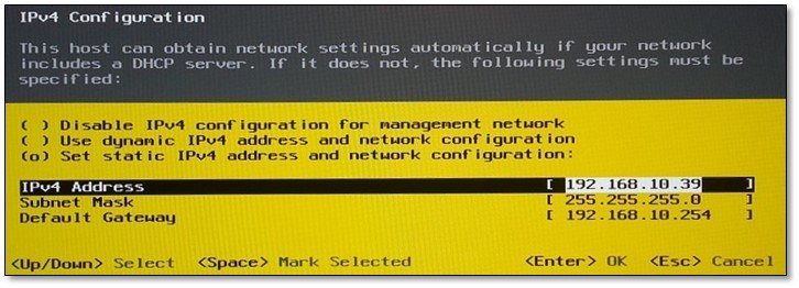 Figure 31 - Assigning static IP network details on ESXi