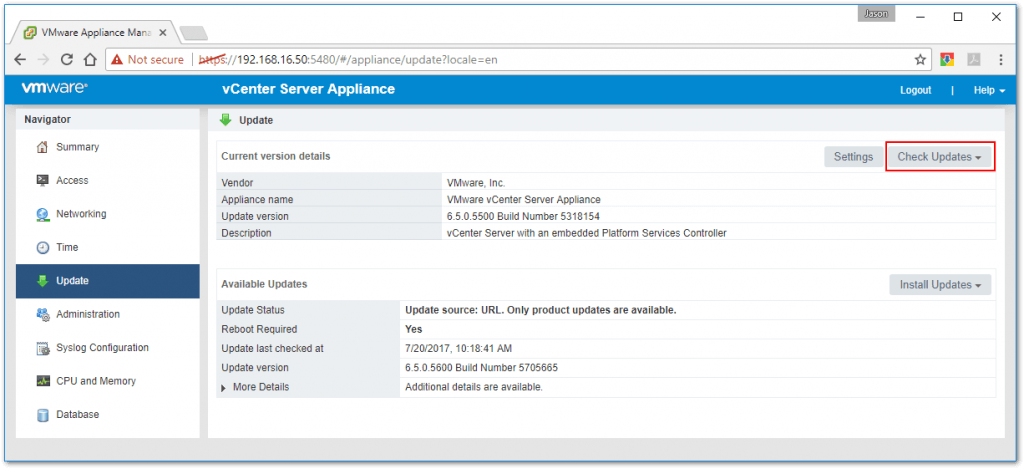 Figure 2 - The vCSA Appliance Management tool can be used to upgrade the appliance