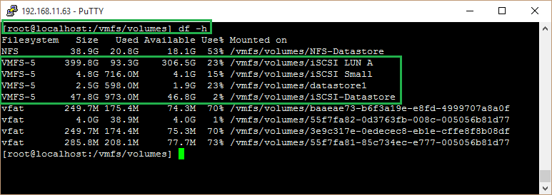 A list of Datastores and the corresponding filesystem