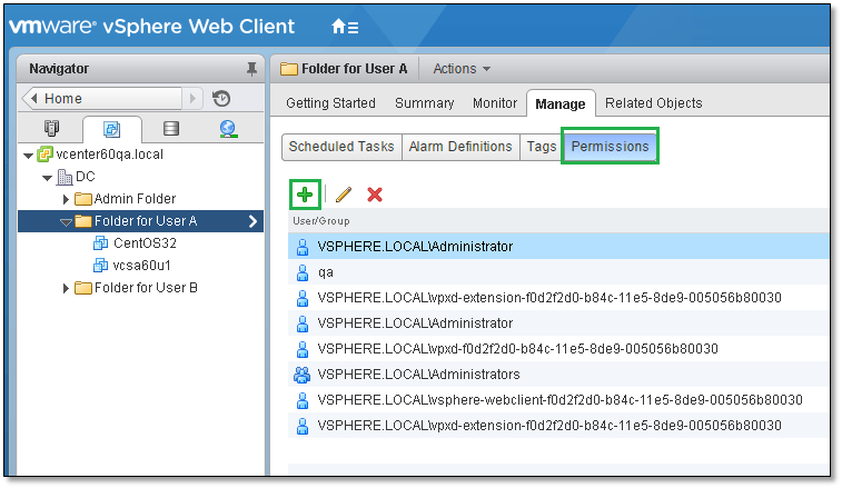 Figure 11 - Viewing the permissions on a vSphere folder