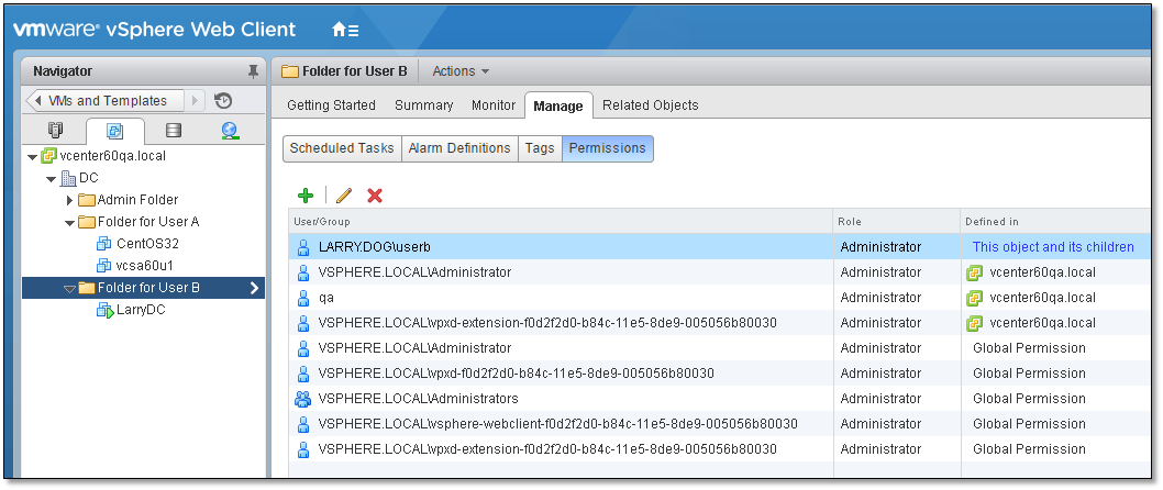 Figure 8 - Viewing the permissions assigned on a vSphere object