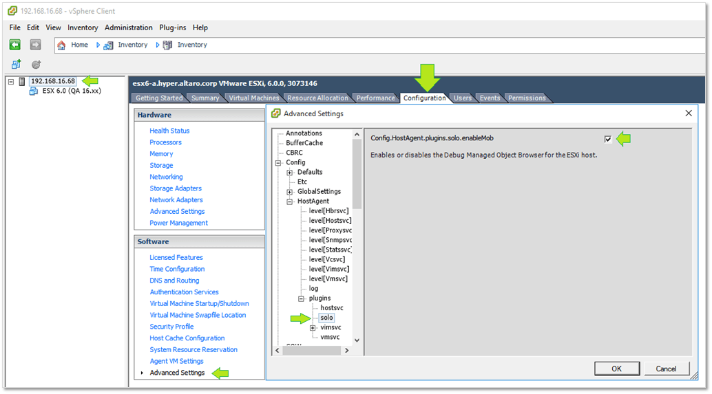 Figure 3 - Enabling MOB on an ESXi 6.0 host (this is disabled by default starting with vSphere 6)